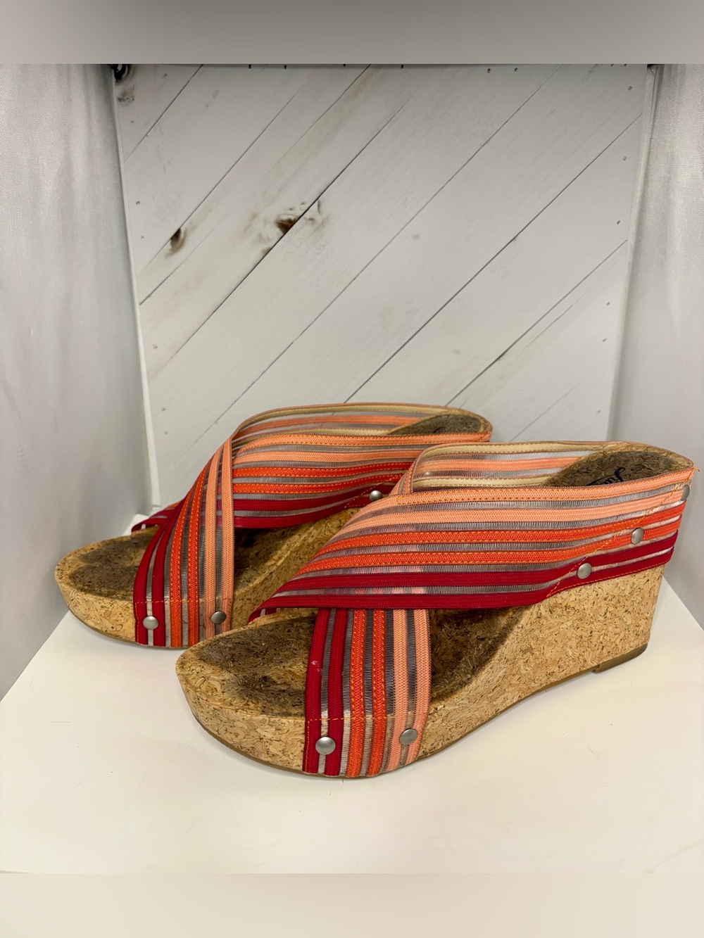 LUCKY BRAND : Miller2 Red Ombre Strappy Cork Wedge Sandals Size 9